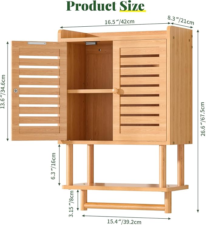 Bathroom Wall Cabinet, Over The Toilet Storage Cabinet with Adjustable Shelves, Medicine Cabinets with Towel Bar, Bamboo Wall Mounted Hanging Cabinet with 2 Door for Laundry Room, Bedroom