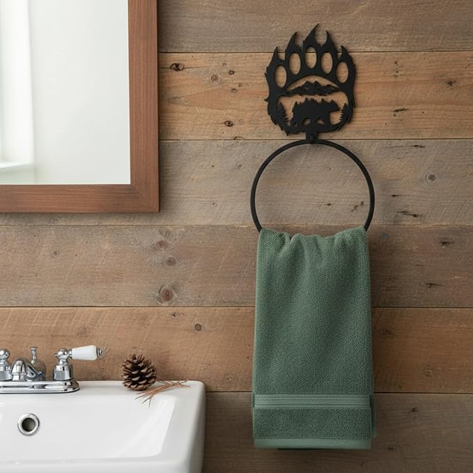 Bear Hand Towel Holder Ring Matte Black Bear Paw Towel Holder for Bathroom Forest Cabin Hand Cloth Ring Rustic Bath Facecloth Holders Wall Mount Round Washcloth Racks for Bath Kitchen Decor