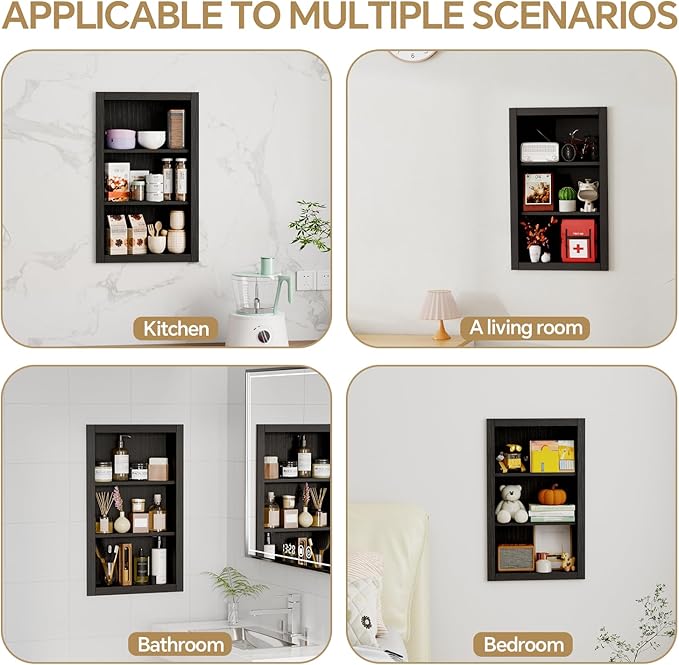 14'' * 24'' Recessed Medicine Cabinet Wall Niche Wood, 3-Tier Bathroom Niche Insert for Drywall, in Wall Shelf Medicine Cabinets Replacement, for Living Room, Bathroom Storage, Black