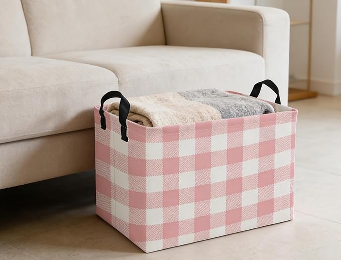 Rectangular Kids Baskets Pink Basket Cute Storage Bins Organizer Box Boys Room Decor for Home.(Pink grid)
