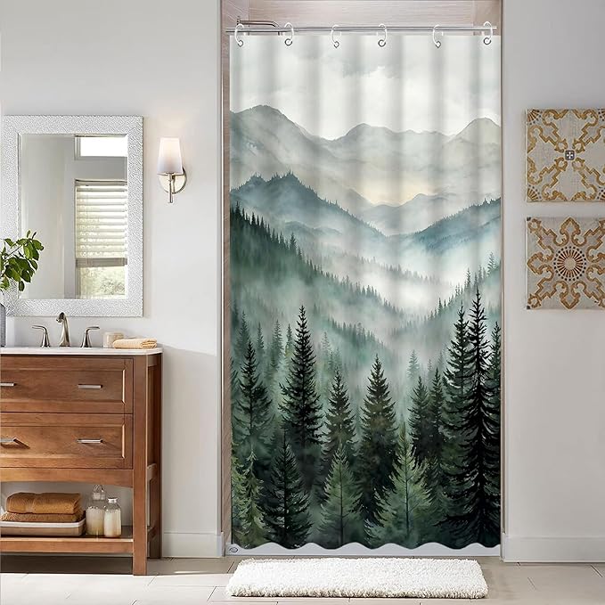 Accnicc Forest Mountain Shower Curtain Dark Green Nature Misty Pine Tree Shower Curtains for Bathroom Foggy Rustic Woodland Decorative Waterproof Fabric Bath Curtain Decor 36×72 Inches
