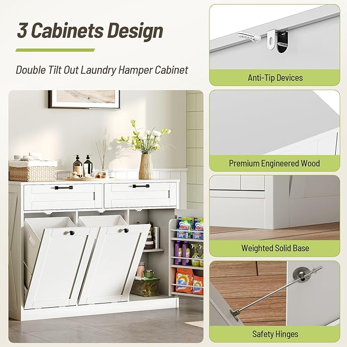 Double Tilt Out Laundry Hamper Cabinet, 43.3" Laundry Cabinet with 2 Removable Baskets, Farmhouse Wooden Hidden Trash Bin Cabinet with Open Shelving, for Bathroom, White