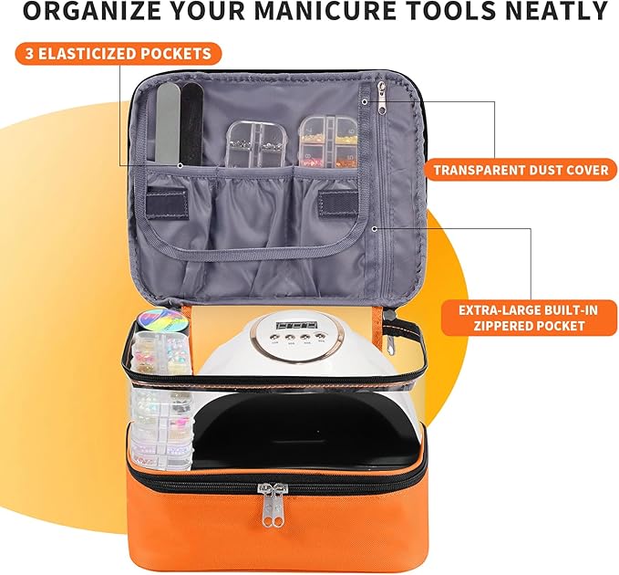 Beloving Clear Nail Polish Organizer, Double-Layer Nail Polish Bag Organizer Case Holds 30 Bottles and Nail Dryer, Nail Organizers and Storage for Manicure Tools-Orange