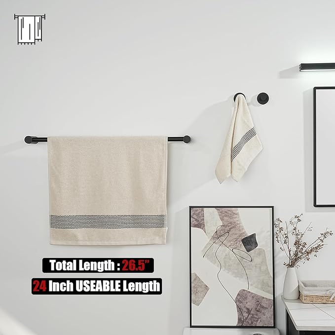JQK Towel Bar Black, 26.5 Inch 304 Stainless Steel Thicken 0.8mm 2 Pieces Towel Rack Bathroom Wall Mount, Useable Length 24 Inch, TB610L24-PB