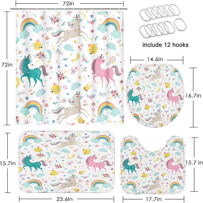 Britimes 4 Piece Shower Curtain Sets, with 12 Hooks, Unicorns Animal with Non-Slip Rugs, Toilet Lid Cover and Bath Mat for Bathroom Decor Set, 72" x 72"