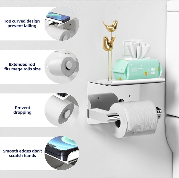 GLNLQ Chrome Toilet Paper Holder Wall Mount, Fits Mega Rolls Size Sliver Toilet Paper Holder with Shelf, Rustproof Stainless Steel Toilet Roll Holder, Self Adhesive Toilet Paper Holders Chrome