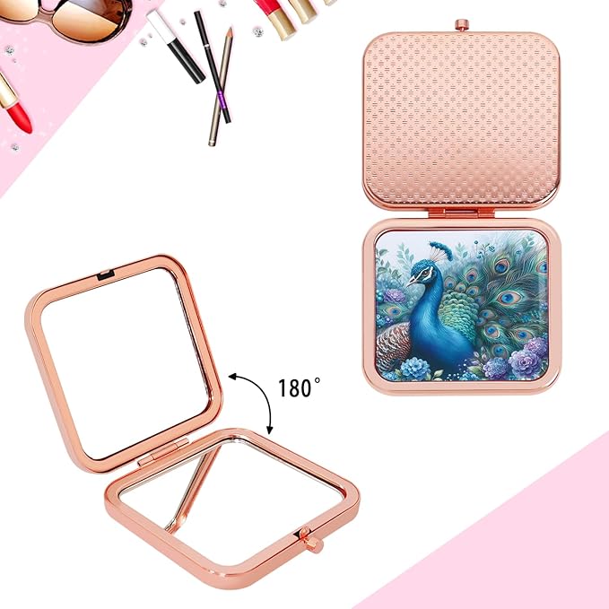 Compact Mirror Travel Makeup Mirror Metal Pocket Cosmetic Mirrors Portable Handheld Beauty Mirror Folding Double-Sided Elegant Vanity Mirror for Men Women Purse Peacock