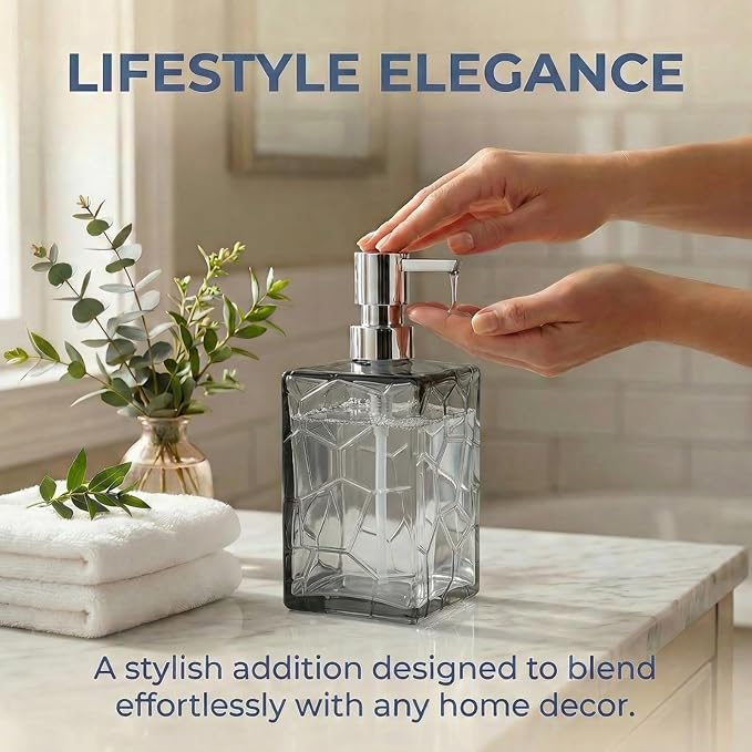 Gray Glass Soap Dispenser with Pump Geometric Texture Refillable Decorative Hand Soap Dispenser for Bathroom Kitchen Countertop
