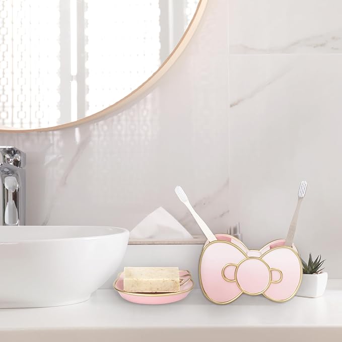 Jay Franco Hello Kitty Bathroom Accessories - 2 Piece Pink Resin Bathroom Décor and Storage Set Includes Toothbrush Holder and Soap Dish