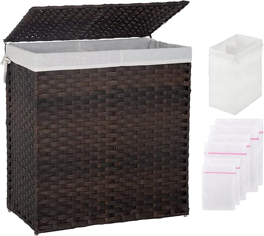 Paylesshere Laundry Basket Handwoven Laundry Hamper 90L/110L Foldable Rattan Hamper With Lid,2 Removable Liner Bags & 6 Laundry Bags,Clothes Hamper Bathroom Laundry Basket,Brown