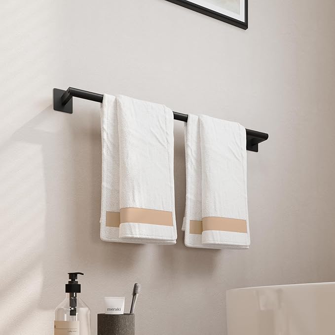 USHOWER Matte Black Towel Bar, 24 Inch Towel Racks for Bathroom Wall Mounted, Heavy Duty Stainless Steel Towel Holder, Easy Installation (Total Length 26 Inch) (Pack of 2)