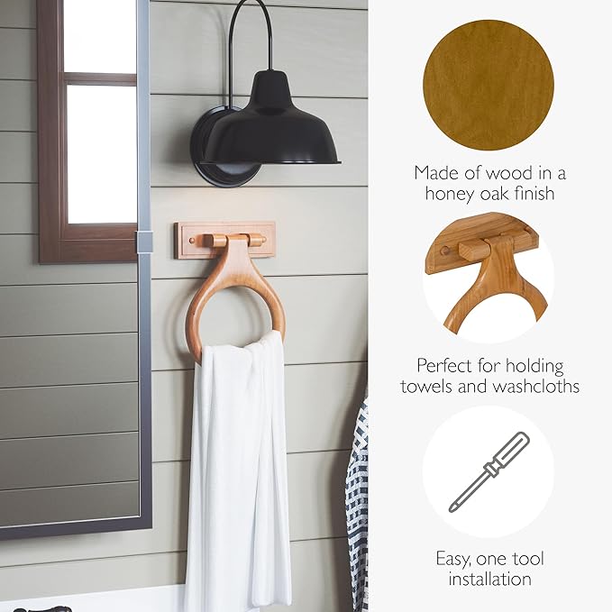 Design House Dalton Towel Ring, Concealed Mounting Hardware, Standard Wall Mount, Easy Installation, Wood, Honey Oak, 4 in L x 1.42 in W x 2.36 in H, Item 561191