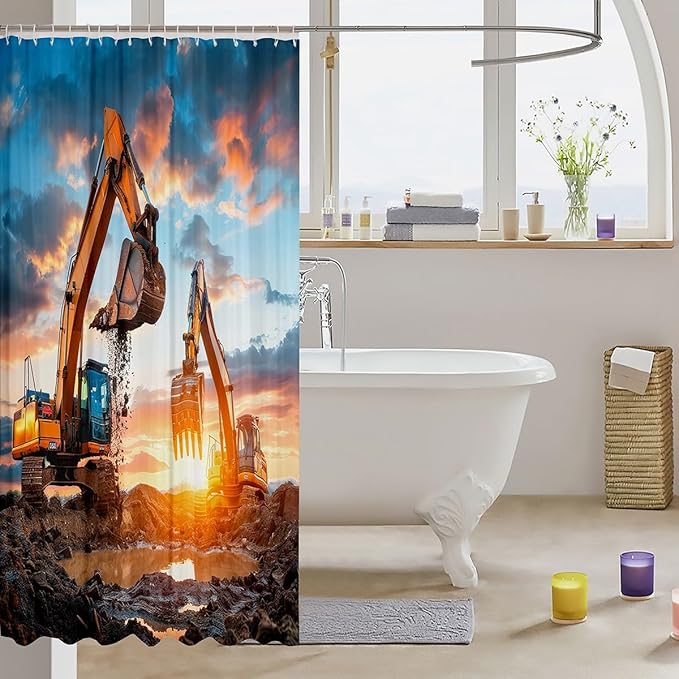 Feelyou Boys Car Bath Curtain Excavator Truck Shower Curtain for Kids Children Men Construction Vehicles Print Bathroom Shower Curtain Set Soft Heavy Machinery Cars Decor Waterproof 72"x84"