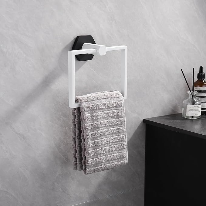 GERZWY Modern Towel Holder Modern Style White & Black Stainless Steel Towel Hanger Towel Ring for Bathroom Wall Mount