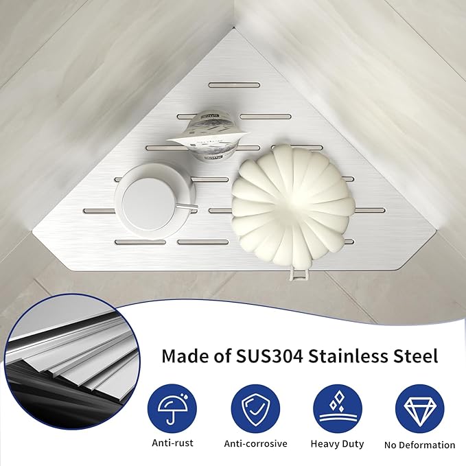 Corner Shower Shelf 10", Brushed 304 Stainless Steel Pentagonal Heavy Duty Floating Corner Sheves, Slot Design Recessed Bathroom Shelf for Tiled Wall 2 Pack