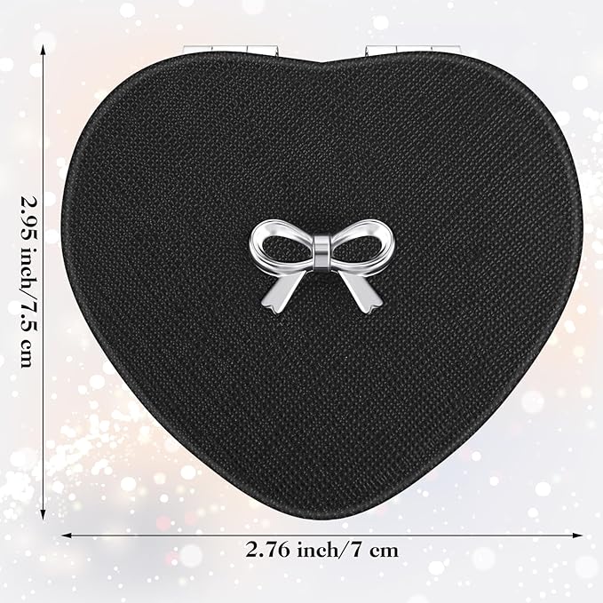 Qianyu Compact Folding Heart Shaped Double-Sided 1X/2X Magnifying Mini Glitter Makeup Mirror with PU Leather for Women Home, Office and Travel (Silver)