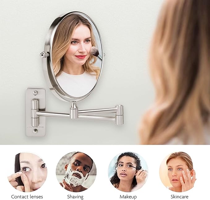 OVENTE 7" Wall Mounted Makeup Mirror with 1X/7X Magnification, Double Sided Magnifying Round Bathroom Vanity Mirror, 360° Swivel Design, Extendable and Folding Arm, Antique Bronze MNLFW70ABZ1X7X