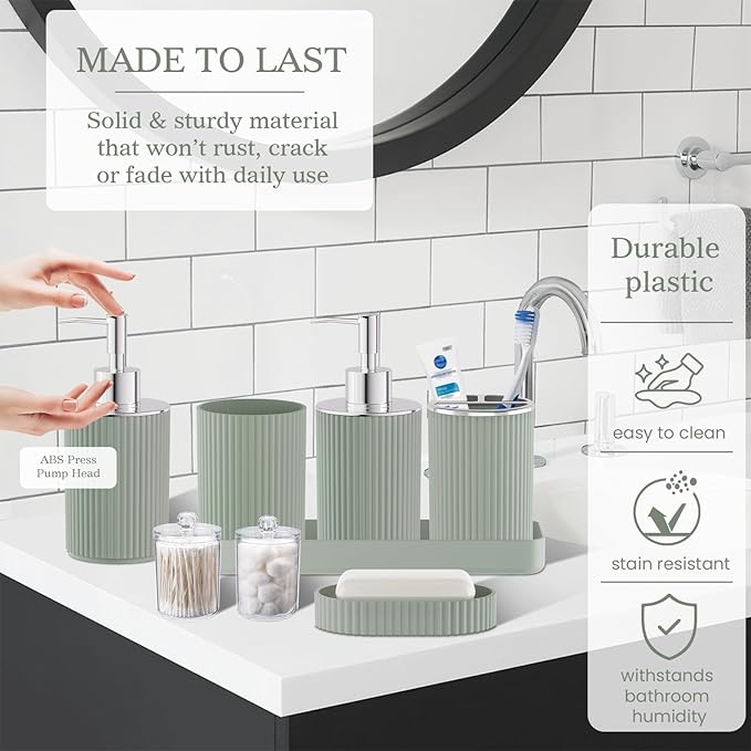 Sage Green Bathroom Accessories Set, 10PC Bathroom Set, Bath Accessory with Pop Up Trash Can, Soap Dispenser, Toilet Brush, Toothbrush Set Qtip Holders & Tray