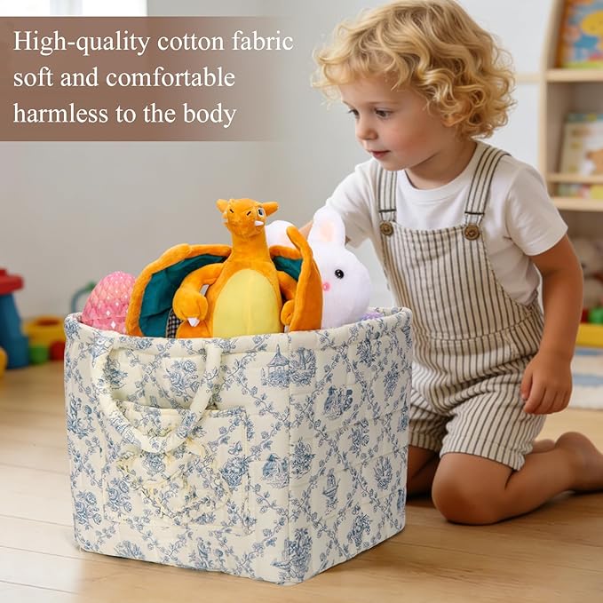 Quilted Fabric Basket Car Storage Basket Boho Floral Laundry Hamper for Nursery Bedroom & Living Room | Organize Clothes Toys