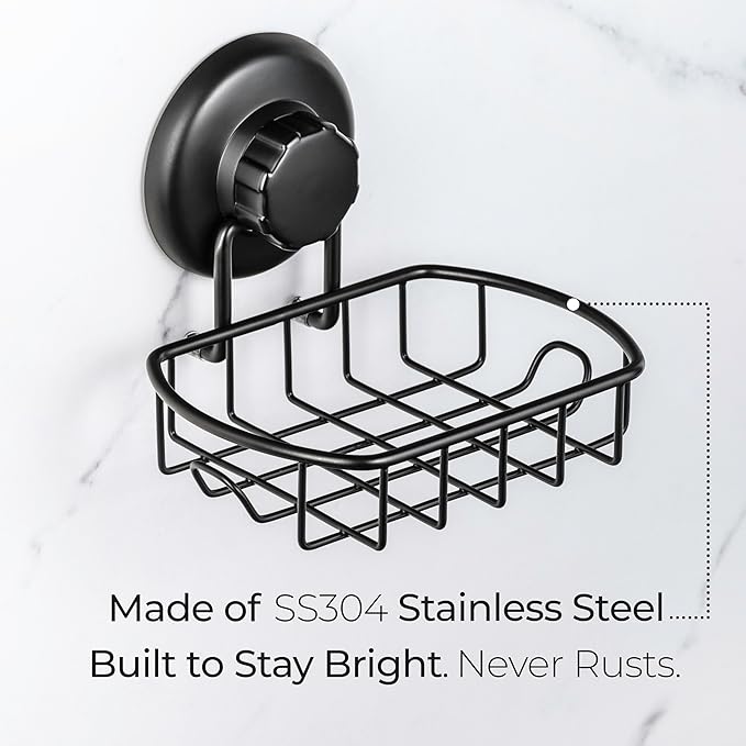 HASKO accessories Suction Soap Dish with Hooks - Super Powerful Vacuum Suction Cup Shower Soap Holder - Rustproof Stainless Steel SS304 Soap Basket - Sponge Holder for Bathroom & Kitchen (Black)