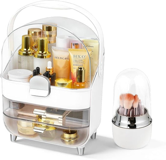Makeup Organizer with Drawers,Cosmetic Display Case for Vanity,Skincare Organizer with 360 Rotating Brush Holder,Large Storage Box Dresser for Women Gifts, Bathroom Countertop, Sliver
