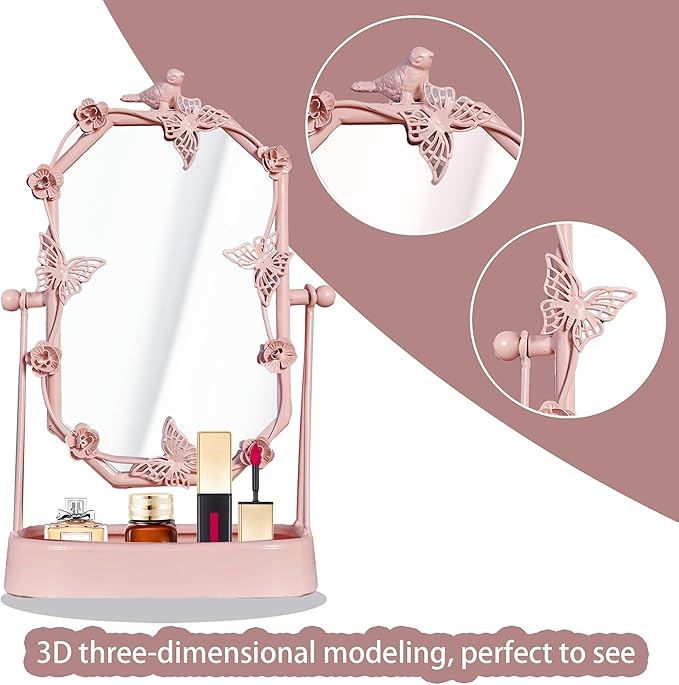 HSDDHOME Vintage Pink Gold Tabletop Makeup Mirror, Bird & Butterfly Decorative Vanity Mirror, 12.8” x 8.2” Retro Metal Standing Mirror for Dresser, Bedroom, and Bathroom (Pink)