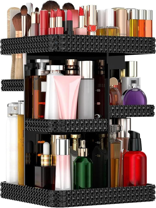 360 Rotating Makeup Organizer - Black Acrylic Makeup Storage for Vanity, Cosmetic Organizer with Lotion and Perfume Holder for Dresser