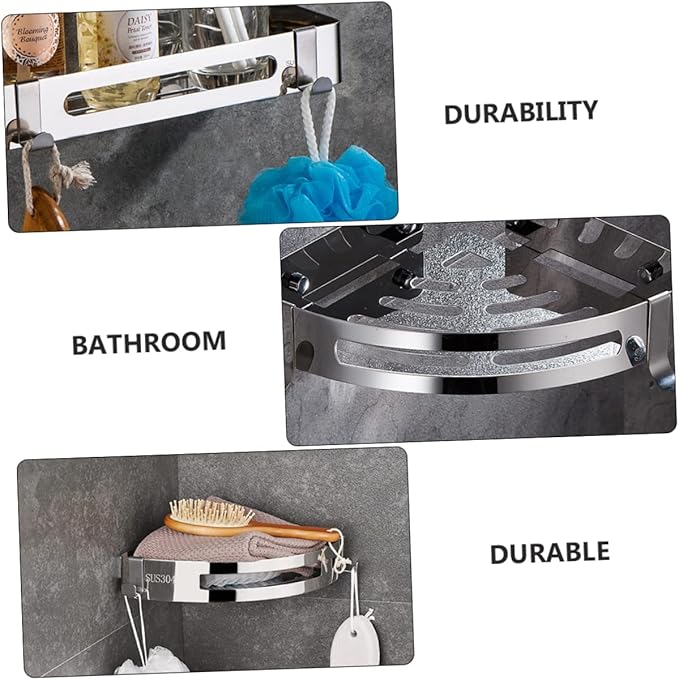 2Pcs Bathroom Shelf No Drill Corner Storage Rack with Hooks Modern Minimalist Design for Kitchen Bathroom High Load Bearing Tripod