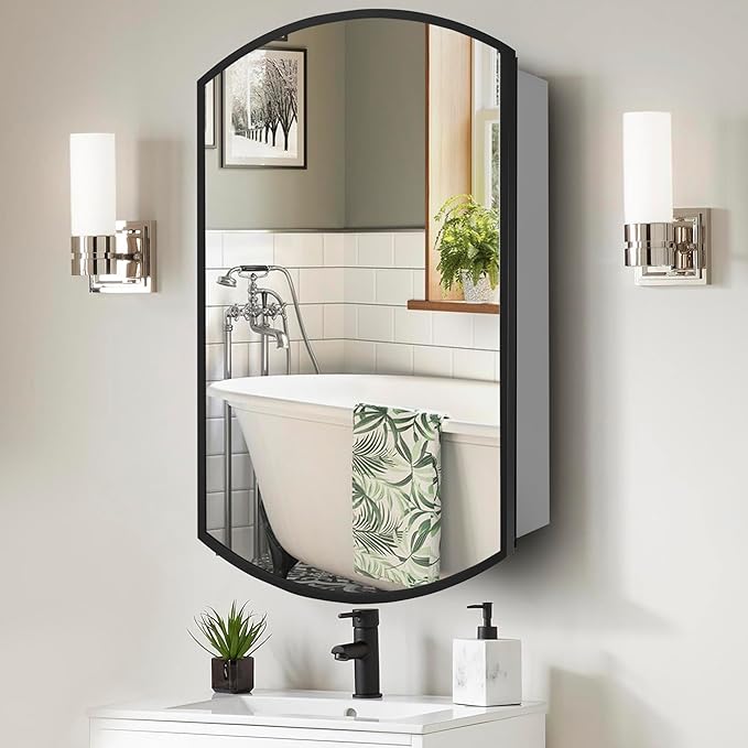 Movo Oval Aluminum Medicine Mirror Cabinet,16" W x 26" H Black Framed Farmhouse Medicine Cabinet with Mirrored Door,Recess or Wall Mount Bathroom Mirrored Cabinet,Adjustable Glass Shelves