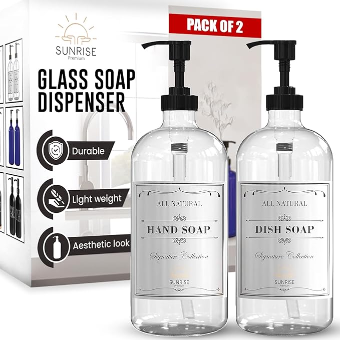 Sunrise Premium 16 OZ Thick Clear Glass Soap Dispenser with Pump 2 Pack, Hand and Dish Soap Dispenser Set for Bathroom and Kitchen with 6 Waterproof Labels