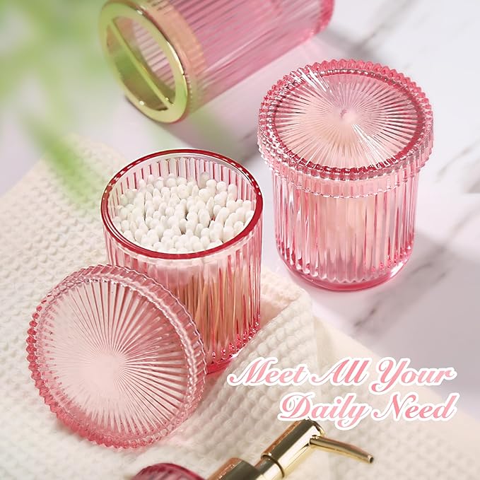 RYTOXILO Pink Bathroom Accessories Set, Pink Bathroom Decor Accessory Sets Complete, 4 Pack Ribbed Grils Soap Dispenser and Toothbrush Holder Set with 2 Qtip Holders, Girly Bath Counter Essentials