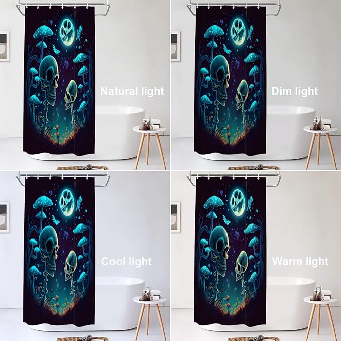 Shrahala Happy Halloween Funny Decorative Shower Curtain, Skeletons Grass Mushrooms Starry Sky Bathroom Décor Polyester Fiber Waterproof with Plastic Rings for Shower Stall Bathtubs 72 x 36 in