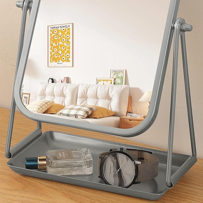 Vanity Mirror for Desk Arched Table Makeup Mirror 360°Rotation Freestanding Vanity Mirror with Metal Tray Silver Countertop Mirror with Storage for Living Room Bedroom Bathroom