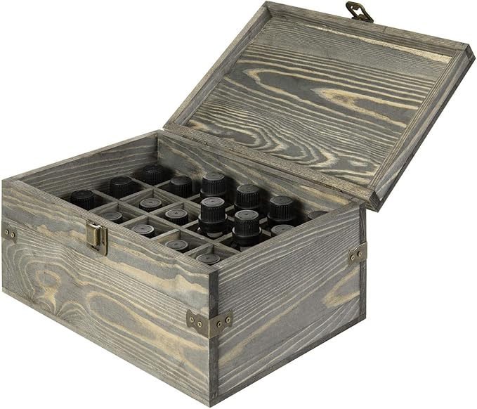 MyGift 24 Slot Wooden Essential Oil Bottle Storage Box, Vintage Gray Wood Roller Organizer Holder Display Case, Holds Up to 30 mL Bottles