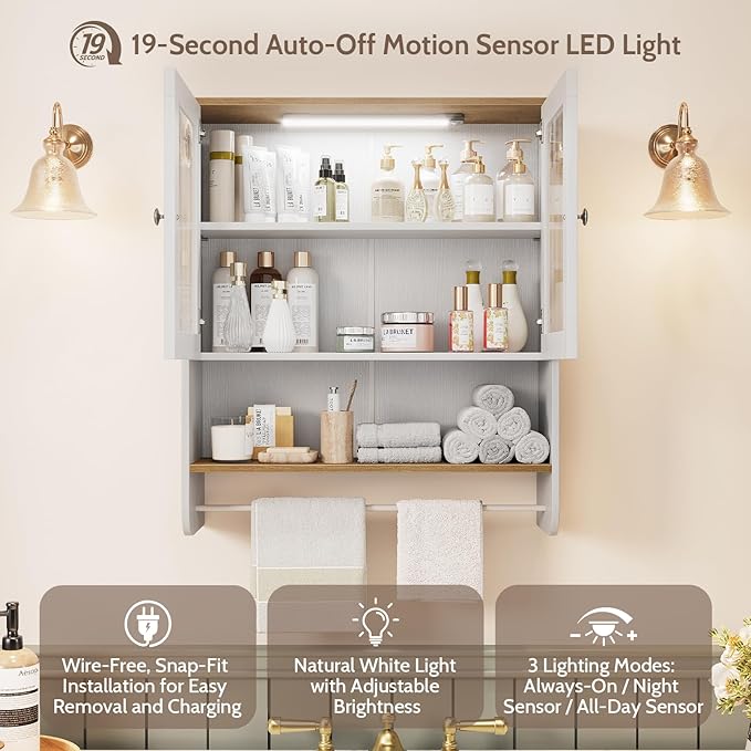 Fluted Bathroom Cabinet Wall Mounted with Towel Bar, Hanging Medicine Cabinet Organizer for Bathroom Storage w/ Motion Sensor LED Light, White Over Toilet Storage Cabinet w/ 2 Door, Adjustable Shelf