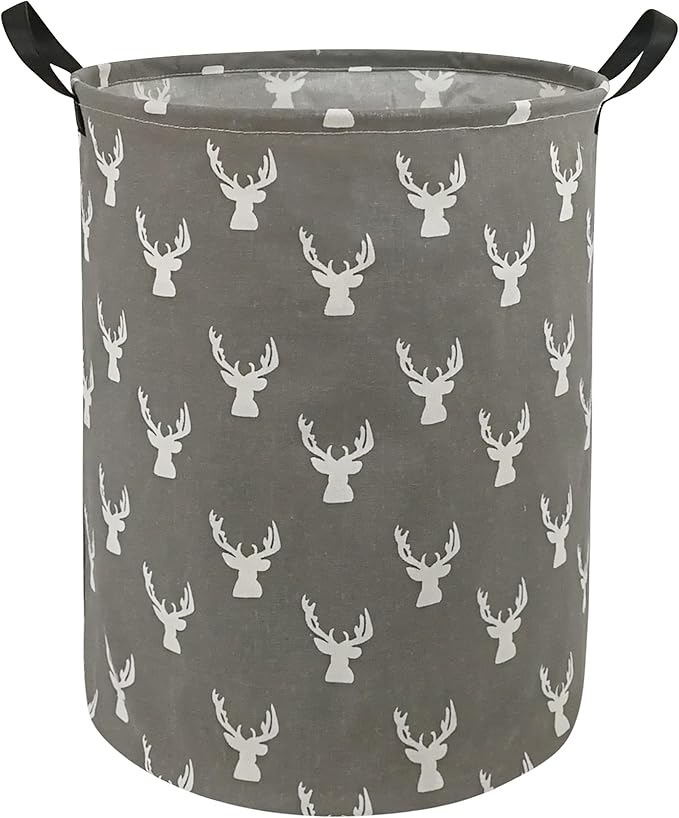 KUNRO Round Laundry Gift Basket Storage Hamper, Clothes Storage Organizer Bins, Shelf Basket with Handles for Room Decor (Grey deer)