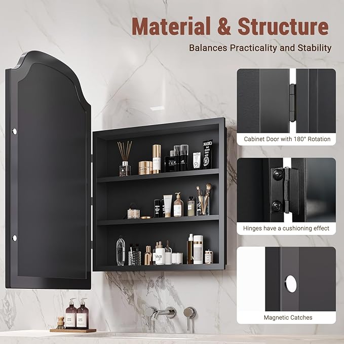 24x35 Inch Medicine Cabinet - Surface Mount or Recessed Bathroom Mirror Cabinet with Storage, Metal Framed, Sturdy & Easy Installation（Black）