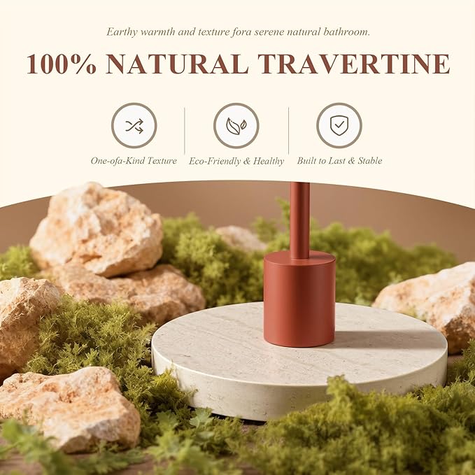 Towel Holder Stand with Natural Travertine Base Stainless Steel Hand Towel Holder Rack for Bathroom Countertop Unique Free Standing Towel Bar Holds 2 Towels for Kitchen Countertop (Reddish-Brown)