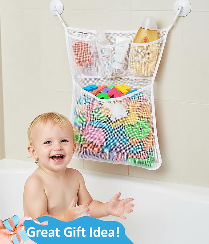 Bath Toy Storage Organizer ?€? Large Mesh Bath Toy Holder & Bath Toy Net for Tub, Quick Dry Bathtub Bag with 2 Strong Suction Cups, 2 Adhesive Hooks, Quick-Dry Hanging Shower Cubby Basket, 14x20 Inch