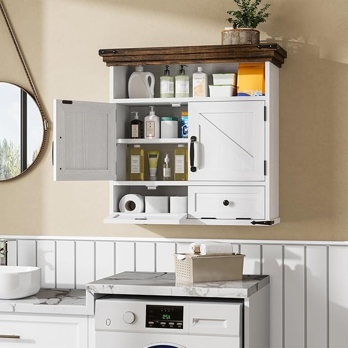Bathroom Wall Cabinet, Farmhouse Medicine Cabinet with Door, 8.9"D x 25.6"W x 24.8"H, Wall Mounted Bathroom Cabinet with Adjustable Shelf, Wall Storage Cabinet for Laundry Room & Kitchen(White)