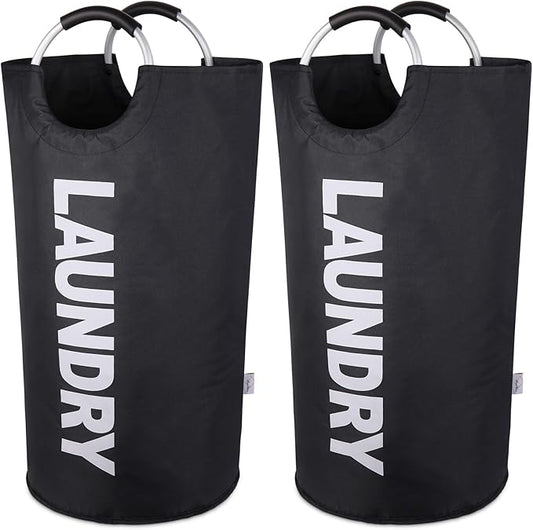 Laundry Basket 2 Pack Collapsible, Freestanding Clothes Hamper Bag with Handles – Tall Folding Dirty Laundry Bin，Sturdy Laundry Sorter for College Dorm, Laundry Room – 95L (Black)
