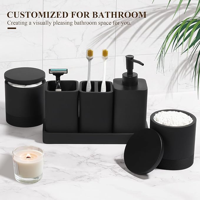 YMXYJM Bathroom Accessories Set, 6 Piece Bathroom Set with Toothbrush Holders, Soap Dispenser, Vanity Tray, Tumbler, Cotton Swab Jars, Bathroom Organizer，Bathroom Sink Sets, Matte Black