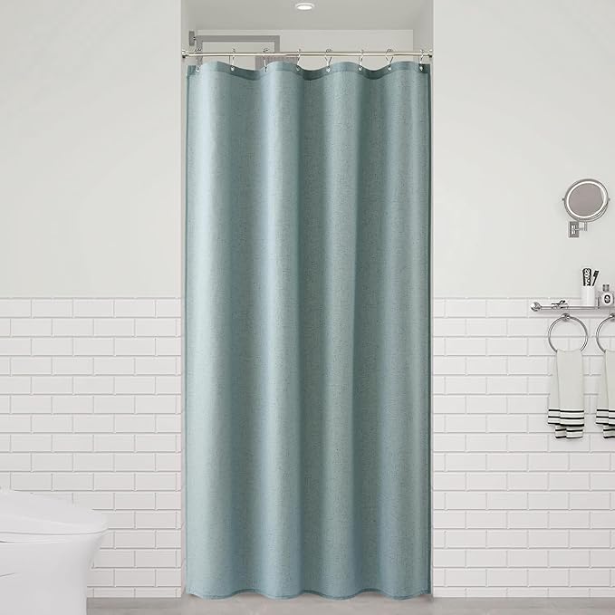 Naturoom Light Blue 48 Inch Shower Curtain - Stall Narrow Half Linen Ultra Thick Fabric Shower Curtain Set with Hooks, Boho Farmhouse Rustic RV Camper Bath Curtains for Bathroom, 48x72