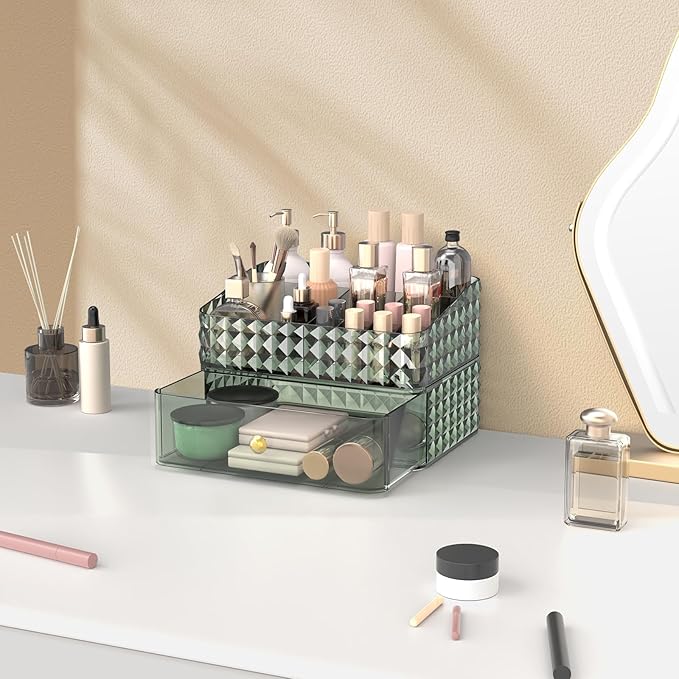 Soimeat Makeup Organizer for Vanity, Stackable Cosmetics Organizer, Cosmetic Display Cases with 1 Drawers and 1 Tray, 2 Layers, Green, FXHZJ-G2