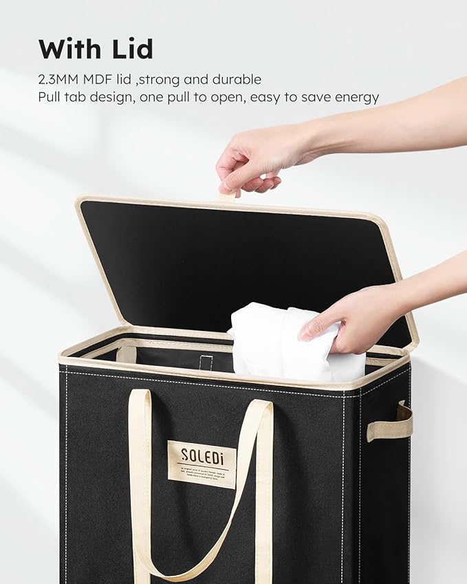 SOLEDI 75L Slim Laundry Basket with Lid,Collapsible Narrow Laundry Hamper with Handles,Tall Skinny Dirty Clothes Hamper for Laundry Room,Dorm,Bathroom,Bedroom,and Small Spaces, 75L Black