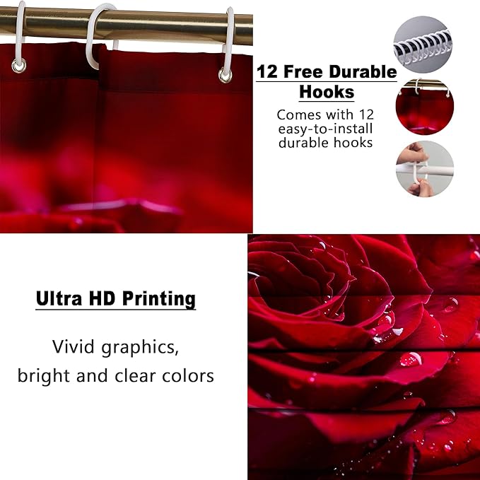 Poedist 4 Pcs Shower Curtain Set, Red Rose Bathroom Set,Romantic Shower Curtain Sets with Rugs(Bath Mat,U Shape and Toilet Lid Cover Mat) and 12 Hooks
