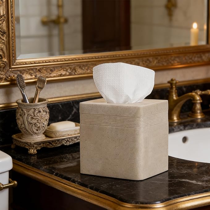 Beige Sandstone Tissue Box Cover Square for Home Decor,Resin Heavy Tissue Box Holder for Bathroom Countertop,Tabletop,Bedside Table,Office (Handmade of Resin)