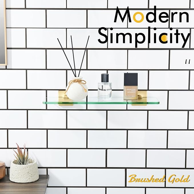 KOKOSIRI Floating Wall Shelf 16-Inch Bathroom Tempered Glass Shelves Shower Hanging Rack for Kitchen Storage Home Decor, Gold Stainless Steel B1107BG-L16