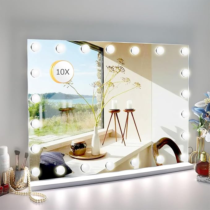 27.5"x 21.6" Vanity Mirror Makeup Mirror with Lights,10X Large Hollywood Lighted Vanity Mirror with 22 Dimmable LED Bulbs,3 Color Modes,Touch Control for Bedroom,Tabletop or Wall-Mounted