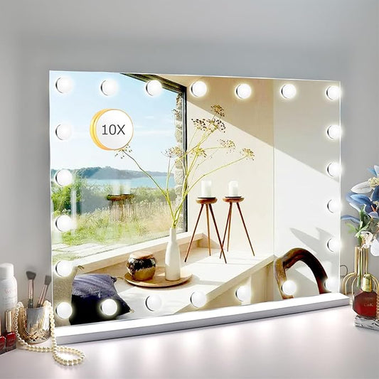 27.5"x 21.6" Vanity Mirror Makeup Mirror with Lights,10X Large Hollywood Lighted Vanity Mirror with 22 Dimmable LED Bulbs,3 Color Modes,Touch Control for Bedroom,Tabletop or Wall-Mounted